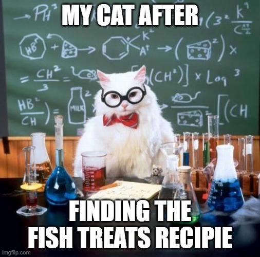 Chemistry Cat | MY CAT AFTER; FINDING THE FISH TREATS RECIPIE | image tagged in memes,chemistry cat | made w/ Imgflip meme maker
