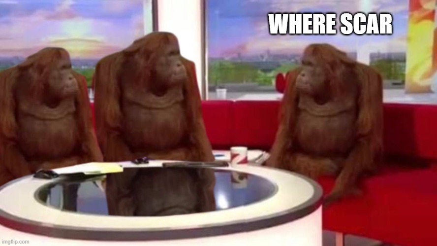 orangutan interview | WHERE SCAR | image tagged in orangutan interview | made w/ Imgflip meme maker