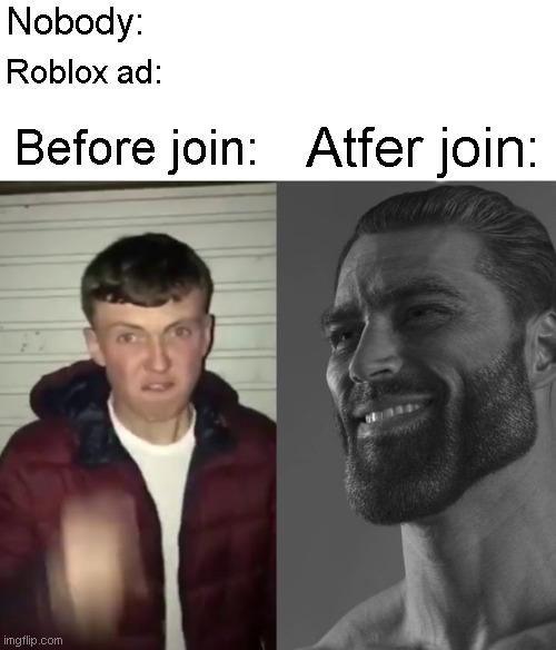 random thing in my head | Nobody:; Roblox ad:; Atfer join:; Before join: | image tagged in average fan vs average enjoyer | made w/ Imgflip meme maker