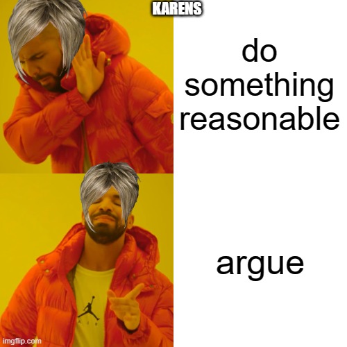 Drake Hotline Bling | do something reasonable; KARENS; argue | image tagged in memes,drake hotline bling | made w/ Imgflip meme maker