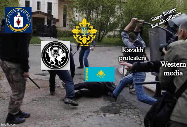 Beat up in Kazakhstan, before 6 Jan 2022 | Some former Kazakh officials; Kazakh protesters; Western media | image tagged in beat up | made w/ Imgflip meme maker