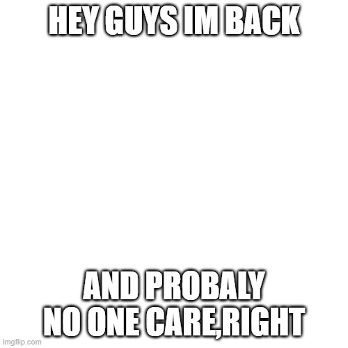 hi | HEY GUYS IM BACK; AND PROBALY NO ONE CARE,RIGHT | image tagged in memes,blank transparent square | made w/ Imgflip meme maker