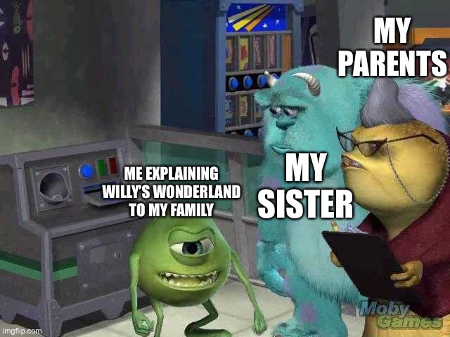 I watched Willy’s Wonderland | MY PARENTS; MY SISTER; ME EXPLAINING WILLY’S WONDERLAND TO MY FAMILY | image tagged in mike wazowski trying to explain | made w/ Imgflip meme maker