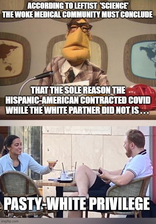 Only leftist 'science' can explain it. | ACCORDING TO LEFTIST  'SCIENCE' THE WOKE MEDICAL COMMUNITY MUST CONCLUDE; THAT THE SOLE REASON THE HISPANIC-AMERICAN CONTRACTED COVID WHILE THE WHITE PARTNER DID NOT IS . . . PASTY-WHITE PRIVILEGE | image tagged in muppet news | made w/ Imgflip meme maker