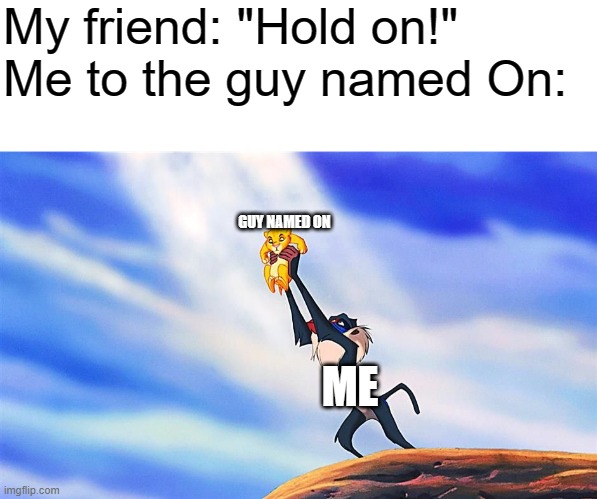 I'm too literal minded sometimes. | My friend: "Hold on!"
Me to the guy named On:; GUY NAMED ON; ME | image tagged in lion king rafiki simba | made w/ Imgflip meme maker