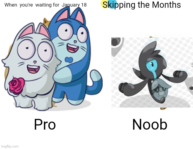 Pro vs noob | Skipping the Months; When  you're  waiting for  January 18; Pro; Noob | image tagged in cute cat | made w/ Imgflip meme maker