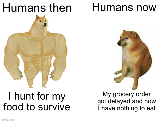 People are lazy | Humans then; Humans now; I hunt for my food to survive; My grocery order got delayed and now I have nothing to eat | image tagged in memes,buff doge vs cheems | made w/ Imgflip meme maker