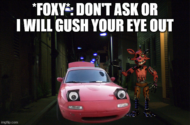 Dark Alleyway | *FOXY*: DON'T ASK OR I WILL GUSH YOUR EYE OUT | image tagged in dark alleyway | made w/ Imgflip meme maker