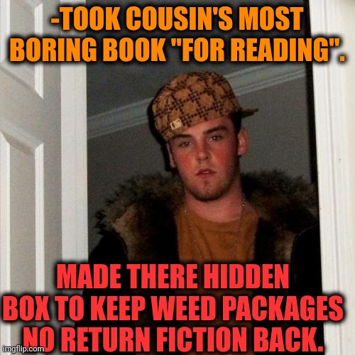 -How he could? | -TOOK COUSIN'S MOST BORING BOOK "FOR READING". MADE THERE HIDDEN BOX TO KEEP WEED PACKAGES NO RETURN FICTION BACK. | image tagged in memes,scumbag steve,smoke weed everyday,drugs are bad,boring,book of idiots | made w/ Imgflip meme maker