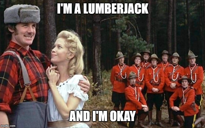 Lumberjack Monty Python | I'M A LUMBERJACK AND I'M OKAY | image tagged in lumberjack monty python | made w/ Imgflip meme maker