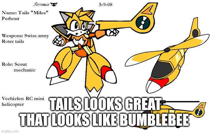 Transformers concept crossover (tails the fox) | TAILS LOOKS GREAT THAT LOOKS LIKE BUMBLEBEE | image tagged in transformers,crossover,autobots,tails the fox,tails | made w/ Imgflip meme maker