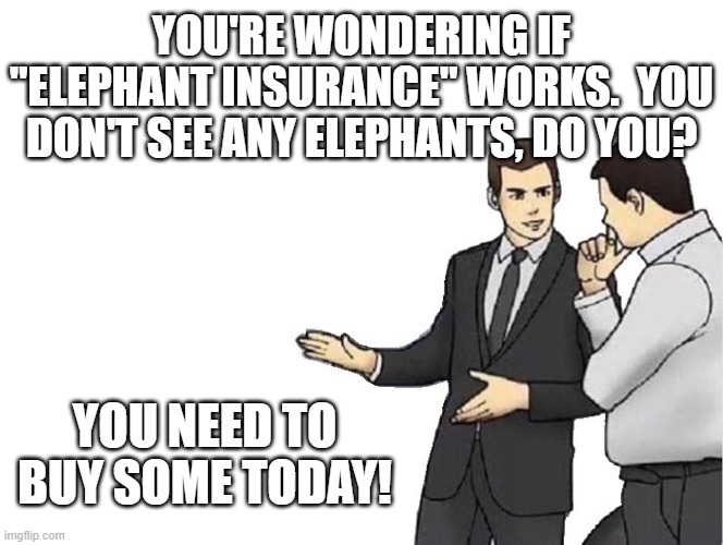 Car Salesman Slaps Hood Meme | YOU'RE WONDERING IF "ELEPHANT INSURANCE" WORKS.  YOU DON'T SEE ANY ELEPHANTS, DO YOU? YOU NEED TO BUY SOME TODAY! | image tagged in memes,car salesman slaps hood | made w/ Imgflip meme maker