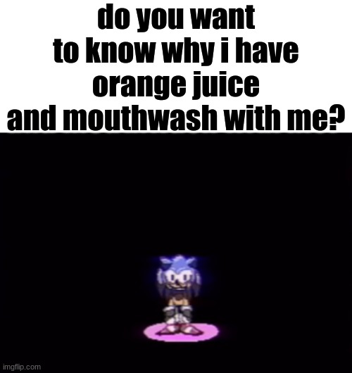 needlemouse stare | do you want to know why i have orange juice and mouthwash with me? | image tagged in needlemouse stare | made w/ Imgflip meme maker