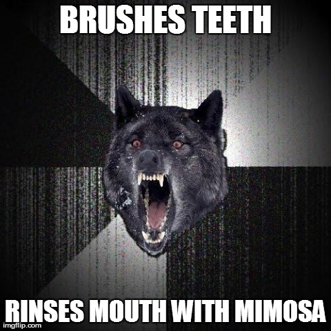 Insanity Wolf | BRUSHES TEETH RINSES MOUTH WITH MIMOSA | image tagged in memes,insanity wolf | made w/ Imgflip meme maker