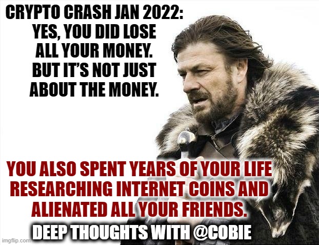 Deep Thoughts with Cobie | CRYPTO CRASH JAN 2022:
YES, YOU DID LOSE
ALL YOUR MONEY.
BUT IT’S NOT JUST
ABOUT THE MONEY. YOU ALSO SPENT YEARS OF YOUR LIFE
RESEARCHING INTERNET COINS AND
ALIENATED ALL YOUR FRIENDS. DEEP THOUGHTS WITH @COBIE | image tagged in memes,brace yourselves x is coming,cryptocurrency,crypto | made w/ Imgflip meme maker