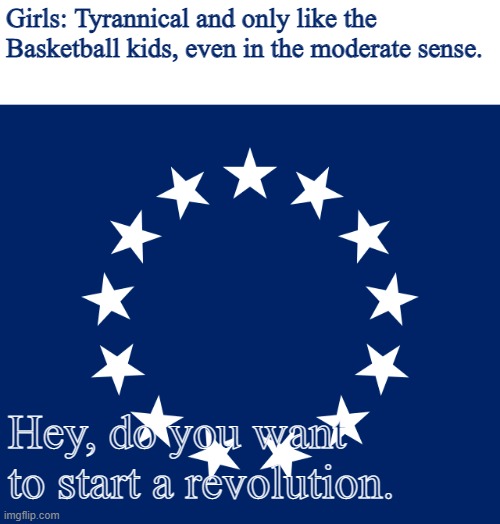 Stars of freedom | Girls: Tyrannical and only like the Basketball kids, even in the moderate sense. Hey, do you want to start a revolution. | image tagged in stars of freedom | made w/ Imgflip meme maker