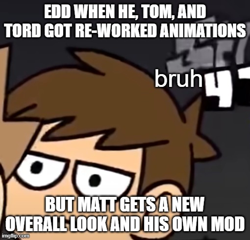 Why Edd now hates Matt | EDD WHEN HE, TOM, AND TORD GOT RE-WORKED ANIMATIONS; BUT MATT GETS A NEW OVERALL LOOK AND HIS OWN MOD | image tagged in edd bruh | made w/ Imgflip meme maker