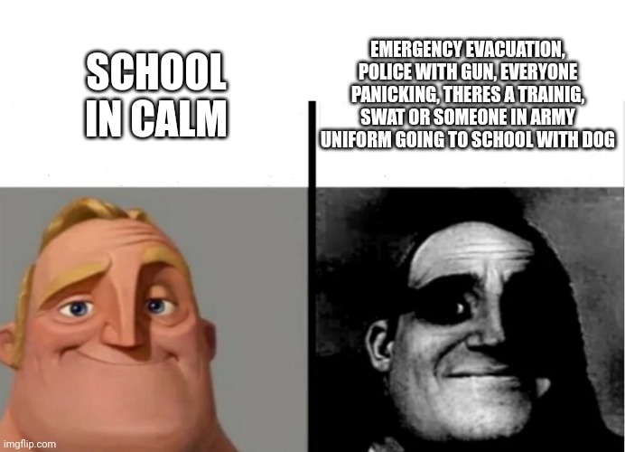 This happened to my school today !!REAL SITUATION!! | EMERGENCY EVACUATION, POLICE WITH GUN, EVERYONE PANICKING, THERES A TRAINIG, SWAT OR SOMEONE IN ARMY UNIFORM GOING TO SCHOOL WITH DOG; SCHOOL IN CALM | image tagged in teacher's copy | made w/ Imgflip meme maker