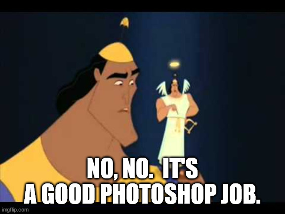 Emperor's New Groove He's Got a Point | NO, NO.  IT'S A GOOD PHOTOSHOP JOB. | image tagged in emperor's new groove he's got a point | made w/ Imgflip meme maker