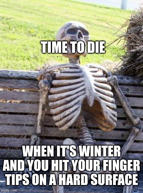 ahhhhhhhhh | TIME TO DIE; WHEN IT'S WINTER AND YOU HIT YOUR FINGER TIPS ON A HARD SURFACE | image tagged in memes,waiting skeleton | made w/ Imgflip meme maker