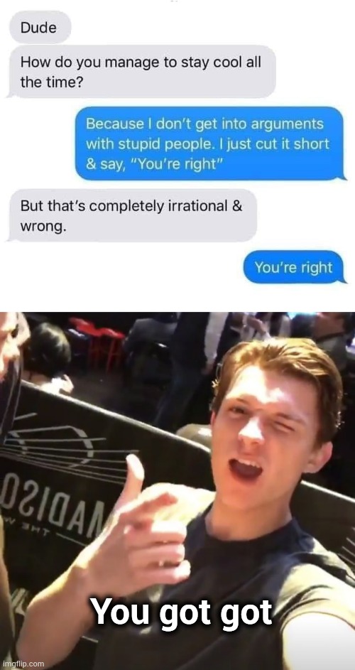 Slightly burnt |  You got got | image tagged in i got you tom holland,argument,well yes but actually no,look into my eyes | made w/ Imgflip meme maker