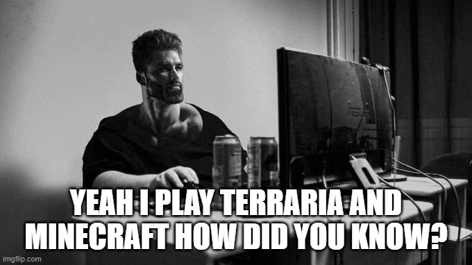 Gigachad On The Computer | YEAH I PLAY TERRARIA AND MINECRAFT HOW DID YOU KNOW? | image tagged in gigachad on the computer,minecraft,terraria | made w/ Imgflip meme maker