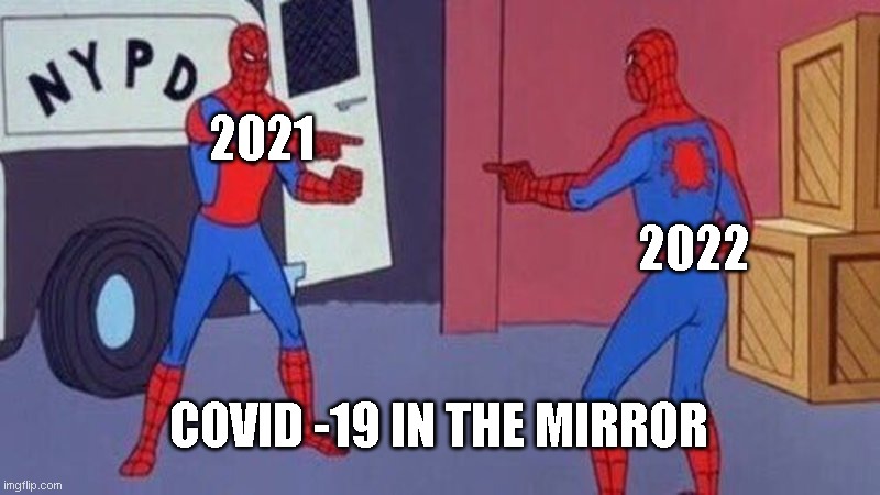 spiderman pointing at spiderman | 2021; 2022; COVID -19 IN THE MIRROR | image tagged in spiderman pointing at spiderman | made w/ Imgflip meme maker