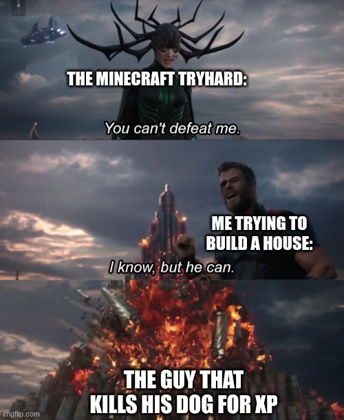Minecraft servers be like | THE MINECRAFT TRYHARD:; ME TRYING TO BUILD A HOUSE:; THE GUY THAT KILLS HIS DOG FOR XP | image tagged in you can't defeat me | made w/ Imgflip meme maker