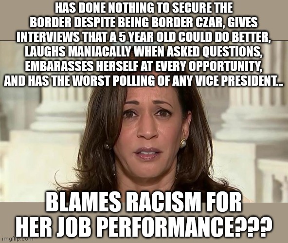 When you suck at your job, its not racism, sexism, or a gender identity crisis that's the problem. You simply suck at your job! | HAS DONE NOTHING TO SECURE THE BORDER DESPITE BEING BORDER CZAR, GIVES INTERVIEWS THAT A 5 YEAR OLD COULD DO BETTER, LAUGHS MANIACALLY WHEN ASKED QUESTIONS, EMBARASSES HERSELF AT EVERY OPPORTUNITY, AND HAS THE WORST POLLING OF ANY VICE PRESIDENT... BLAMES RACISM FOR HER JOB PERFORMANCE??? | image tagged in kamala harris,failure,liberal hypocrisy,you had one job just the one,special kind of stupid | made w/ Imgflip meme maker