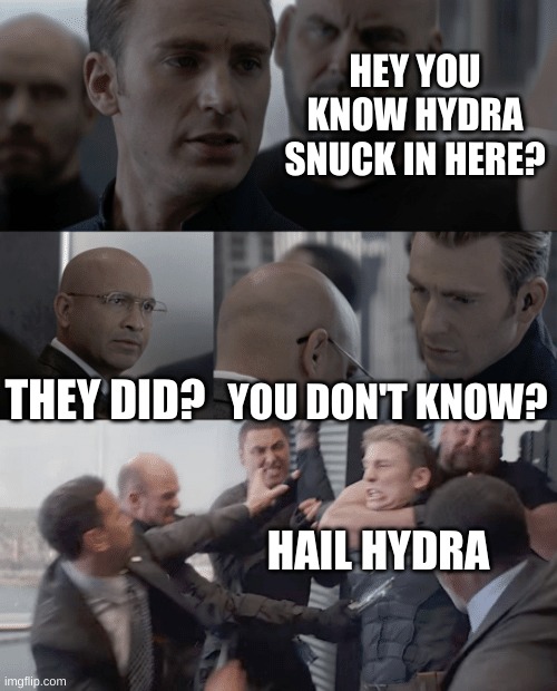 If cap knew | HEY YOU KNOW HYDRA SNUCK IN HERE? THEY DID? YOU DON'T KNOW? HAIL HYDRA | image tagged in captain america elevator | made w/ Imgflip meme maker