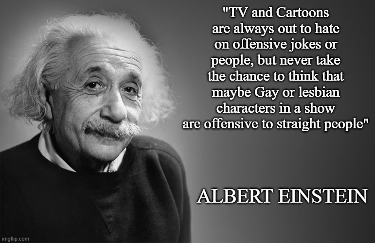 Albert Einstein fake quote | "TV and Cartoons are always out to hate on offensive jokes or people, but never take the chance to think that maybe Gay or lesbian characters in a show are offensive to straight people"; ALBERT EINSTEIN | image tagged in albert einstein quotes,memes,quotes | made w/ Imgflip meme maker