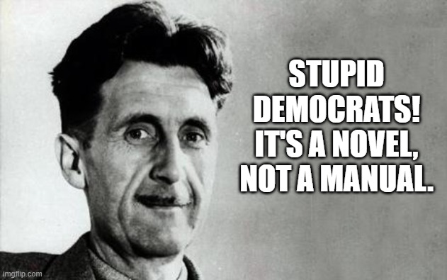 George Orwell | STUPID DEMOCRATS!
IT'S A NOVEL, NOT A MANUAL. | image tagged in george orwell | made w/ Imgflip meme maker
