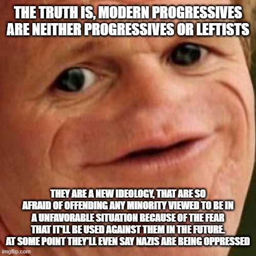 A recipe for disaster | THE TRUTH IS, MODERN PROGRESSIVES ARE NEITHER PROGRESSIVES OR LEFTISTS; THEY ARE A NEW IDEOLOGY, THAT ARE SO AFRAID OF OFFENDING ANY MINORITY VIEWED TO BE IN A UNFAVORABLE SITUATION BECAUSE OF THE FEAR THAT IT'LL BE USED AGAINST THEM IN THE FUTURE.
AT SOME POINT THEY'LL EVEN SAY NAZIS ARE BEING OPPRESSED | image tagged in sosig | made w/ Imgflip meme maker