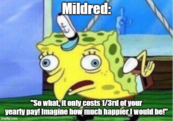 Fahrenheit 451 | Mildred:; "So what, it only costs 1/3rd of your yearly pay! Imagine how much happier I would be!" | image tagged in memes,mocking spongebob | made w/ Imgflip meme maker