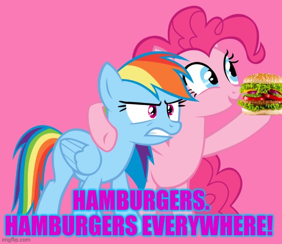 That better not be horse meat! | HAMBURGERS. HAMBURGERS EVERYWHERE! | image tagged in pinkie pie,rainbow dash,mlp,hamburgers | made w/ Imgflip meme maker