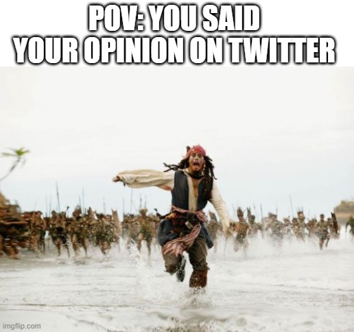 Jack Sparrow Being Chased | POV: YOU SAID YOUR OPINION ON TWITTER | image tagged in memes,jack sparrow being chased | made w/ Imgflip meme maker