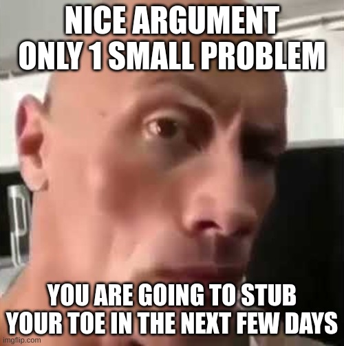 Ayo that’s kinda sus ngl | NICE ARGUMENT
ONLY 1 SMALL PROBLEM; YOU ARE GOING TO STUB YOUR TOE IN THE NEXT FEW DAYS | image tagged in ayo that s kinda sus ngl | made w/ Imgflip meme maker