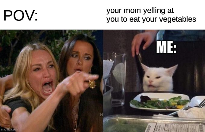 povvv | POV:; your mom yelling at you to eat your vegetables; ME: | image tagged in memes,woman yelling at cat | made w/ Imgflip meme maker