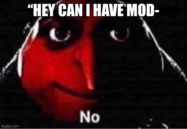 Gru No | “HEY CAN I HAVE MOD- | image tagged in gru no | made w/ Imgflip meme maker