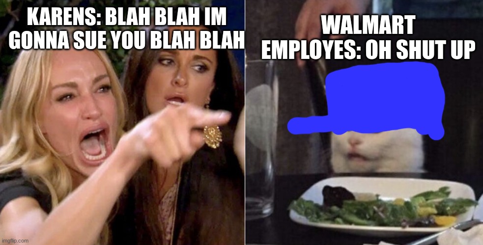 Karens | WALMART EMPLOYES: OH SHUT UP; KARENS: BLAH BLAH IM GONNA SUE YOU BLAH BLAH | image tagged in karens | made w/ Imgflip meme maker