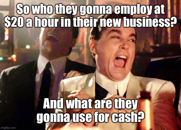 Good Fellas Hilarious Meme | So who they gonna employ at $20 a hour in their new business? And what are they gonna use for cash? | image tagged in memes,good fellas hilarious | made w/ Imgflip meme maker