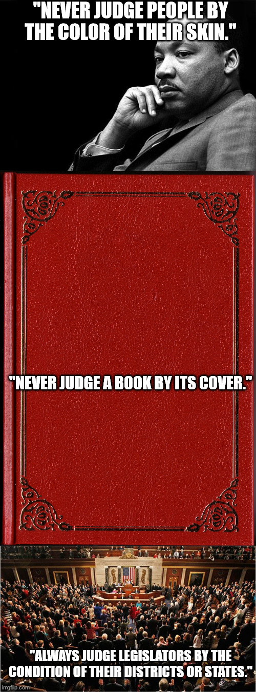 One of the times it's alright to Judge. | "NEVER JUDGE PEOPLE BY THE COLOR OF THEIR SKIN."; "NEVER JUDGE A BOOK BY ITS COVER."; "ALWAYS JUDGE LEGISLATORS BY THE CONDITION OF THEIR DISTRICTS OR STATES." | image tagged in mlk,blank book,congress,government corruption,political meme | made w/ Imgflip meme maker