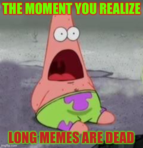 Wow | THE MOMENT YOU REALIZE; LONG MEMES ARE DEAD | image tagged in suprised patrick | made w/ Imgflip meme maker