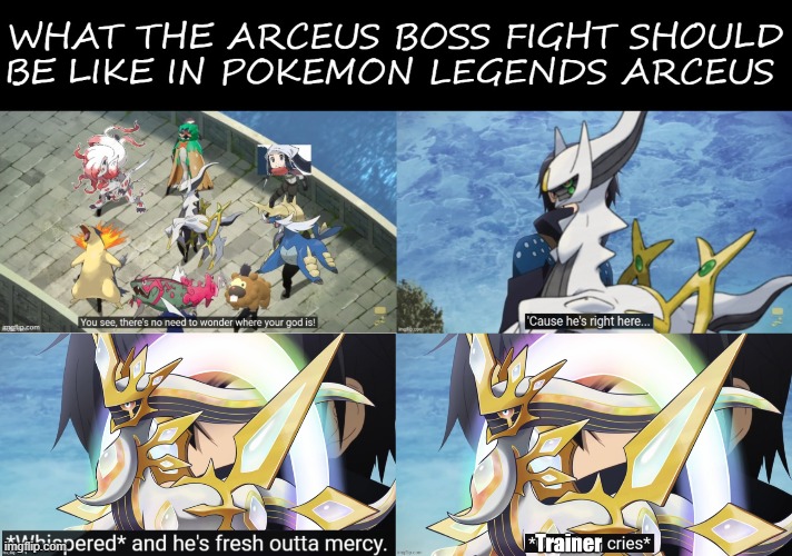 What the Arceus boss fight should be like in Pokemon Legends Arceus | image tagged in sword art online,pokemon memes,boss fight,abridged | made w/ Imgflip meme maker