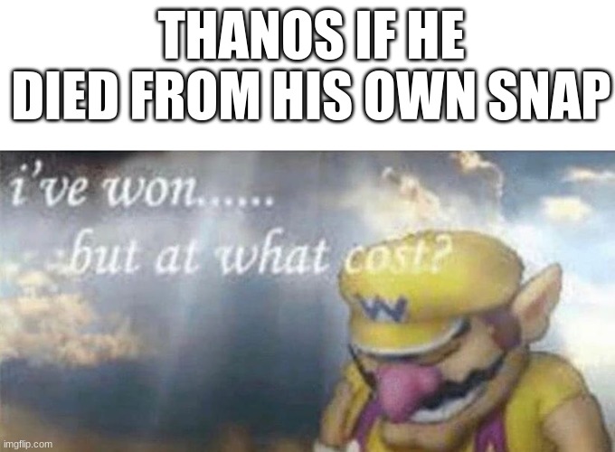 Clever Title | THANOS IF HE DIED FROM HIS OWN SNAP | image tagged in ive won but at what cost,thanos | made w/ Imgflip meme maker