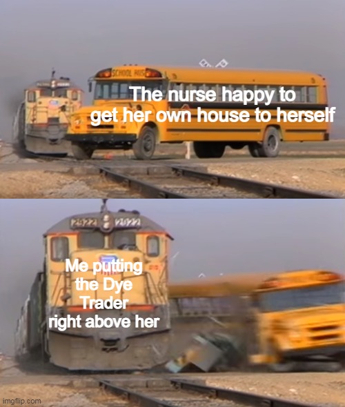 Terraria be like |  The nurse happy to get her own house to herself; Me putting the Dye Trader right above her | image tagged in a train hitting a school bus | made w/ Imgflip meme maker