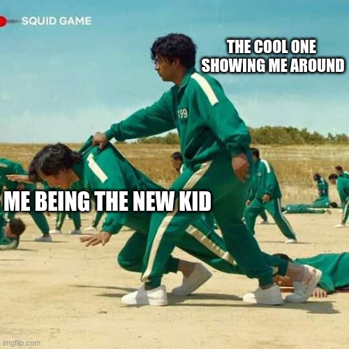 When your the new kid | THE COOL ONE  SHOWING ME AROUND; ME BEING THE NEW KID | image tagged in squid game | made w/ Imgflip meme maker