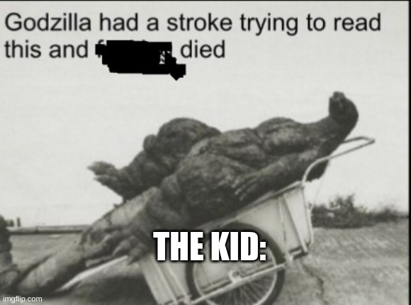 Godzila had a stroke trying to read this | THE KID: | image tagged in godzila had a stroke trying to read this | made w/ Imgflip meme maker