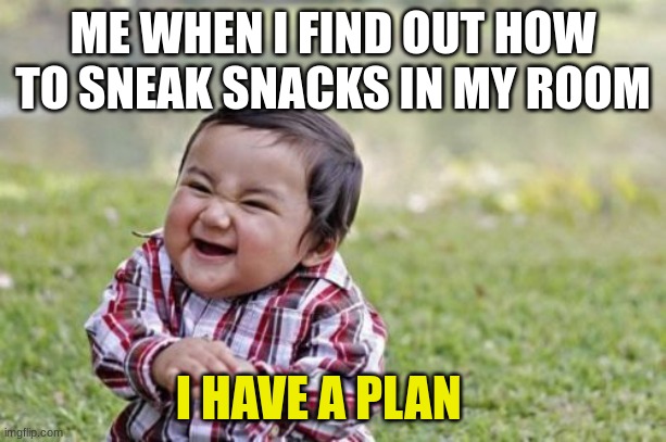 ME | ME WHEN I FIND OUT HOW TO SNEAK SNACKS IN MY ROOM; I HAVE A PLAN | image tagged in memes,evil toddler | made w/ Imgflip meme maker