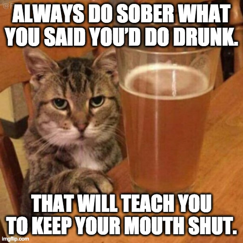 ernest hemingway cat beer philosophy | ALWAYS DO SOBER WHAT YOU SAID YOU’D DO DRUNK. THAT WILL TEACH YOU TO KEEP YOUR MOUTH SHUT. | image tagged in angry drunk cat | made w/ Imgflip meme maker